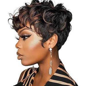 Pixie Cut Wigs Black And Brown Ombre Wig Linen Short Curly Wigs With Bangs Short Brown Wig Ombre Pixie Cut Wigs For Black Women(Black Mixed Brown)
