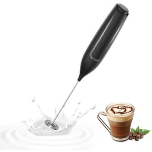 Electric Milk Frother for Matcha and Coffee, Handheld Battery Operated Drink Mixer with Stand, Stainless Steel Whisk, Black