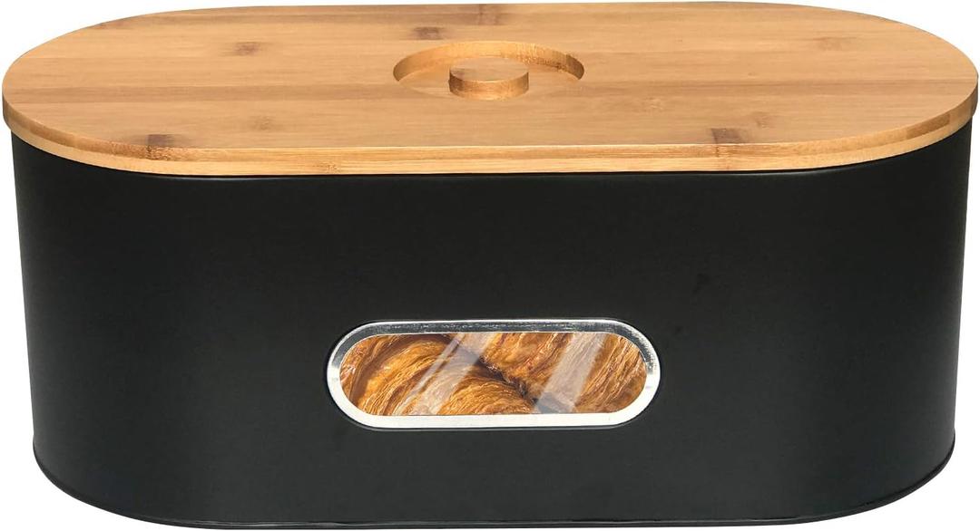 SOTECH Breadbox Bin with Bamboo Lid&Window Modern Metal Box Bread Storage Container for Kitchen Counter Vintage Kitchen Black, Bread Box
