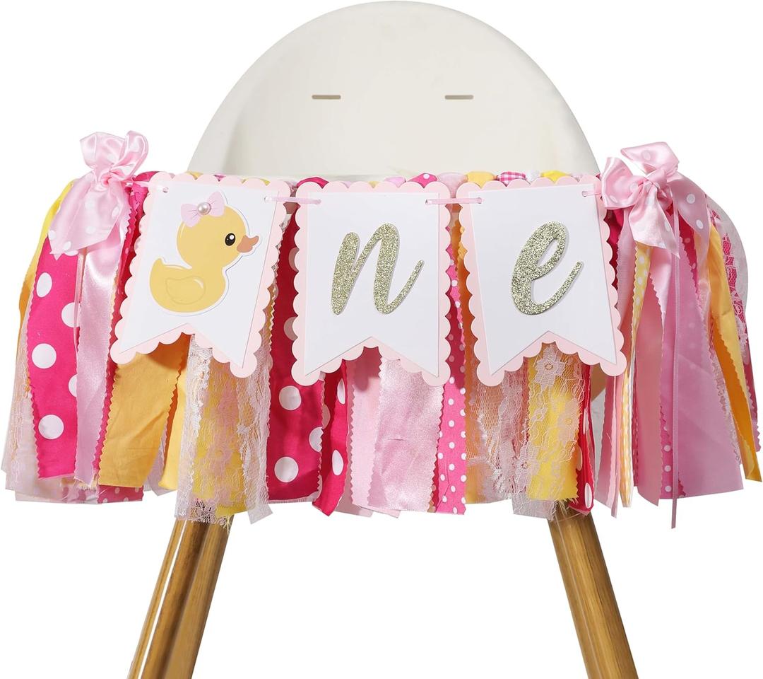 Duck High Chair Banner - Pink Rubber Duck 1st Birthday Party Decoration, Ducky Birthday Party Baby Shower