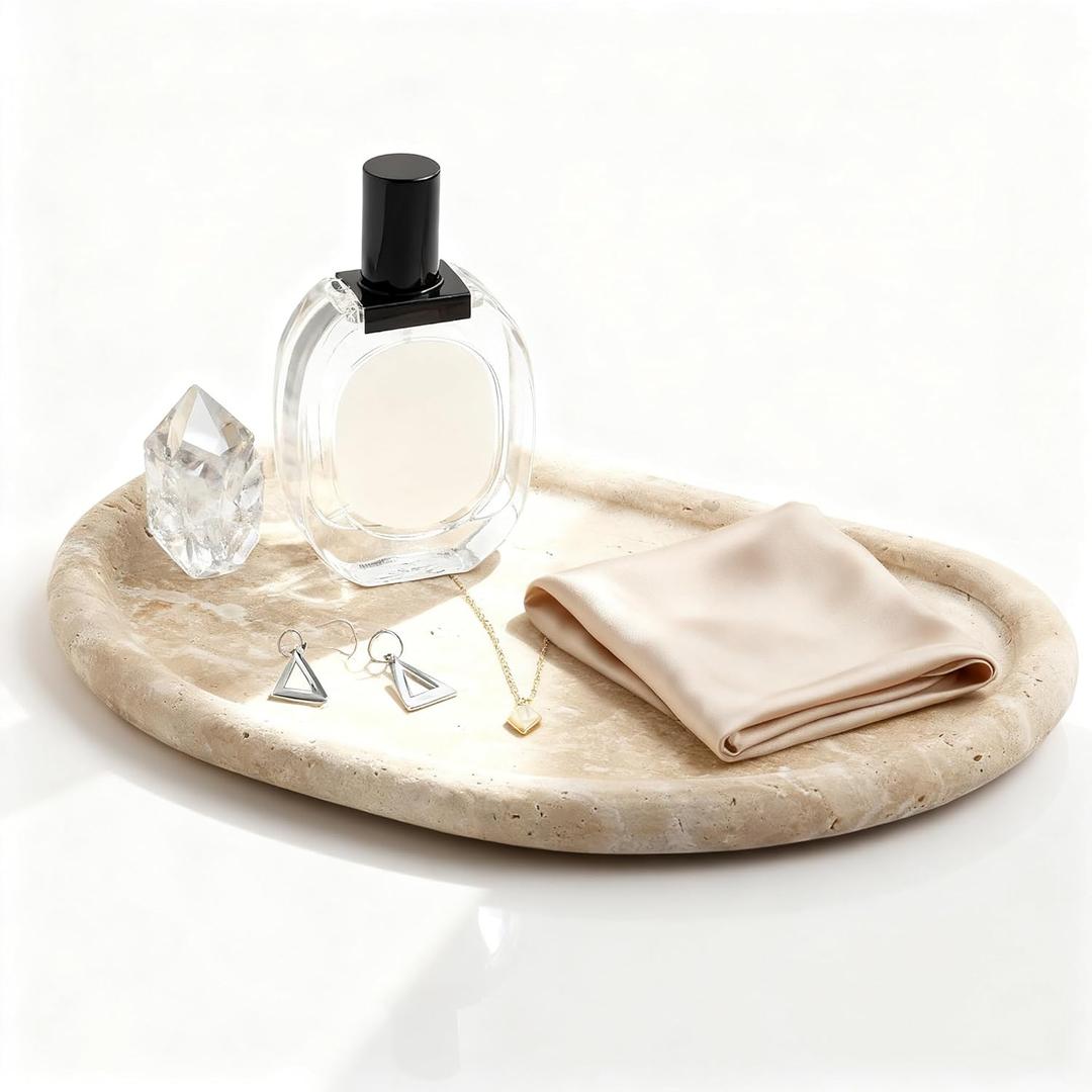 Natural Travertine Tray, Special-Shaped Jewelry Tray, Marble Ring Dish for BathroomCountertop, Nightstand,Dressing Table, Bedside Table, Home Decor, Beige(Middle)(NS025) (10.6" x 7.4" x 1.5")