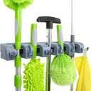 Amazon Basics Rectangular Heavy Duty Wall Mount Broom and Mop Holder, Sturdy Tool Organizer with Hooks and Slots for Garage, Garden, Laundry, Kitchen Organization, 2.36 x 16.9 x 3.35 in, Gray