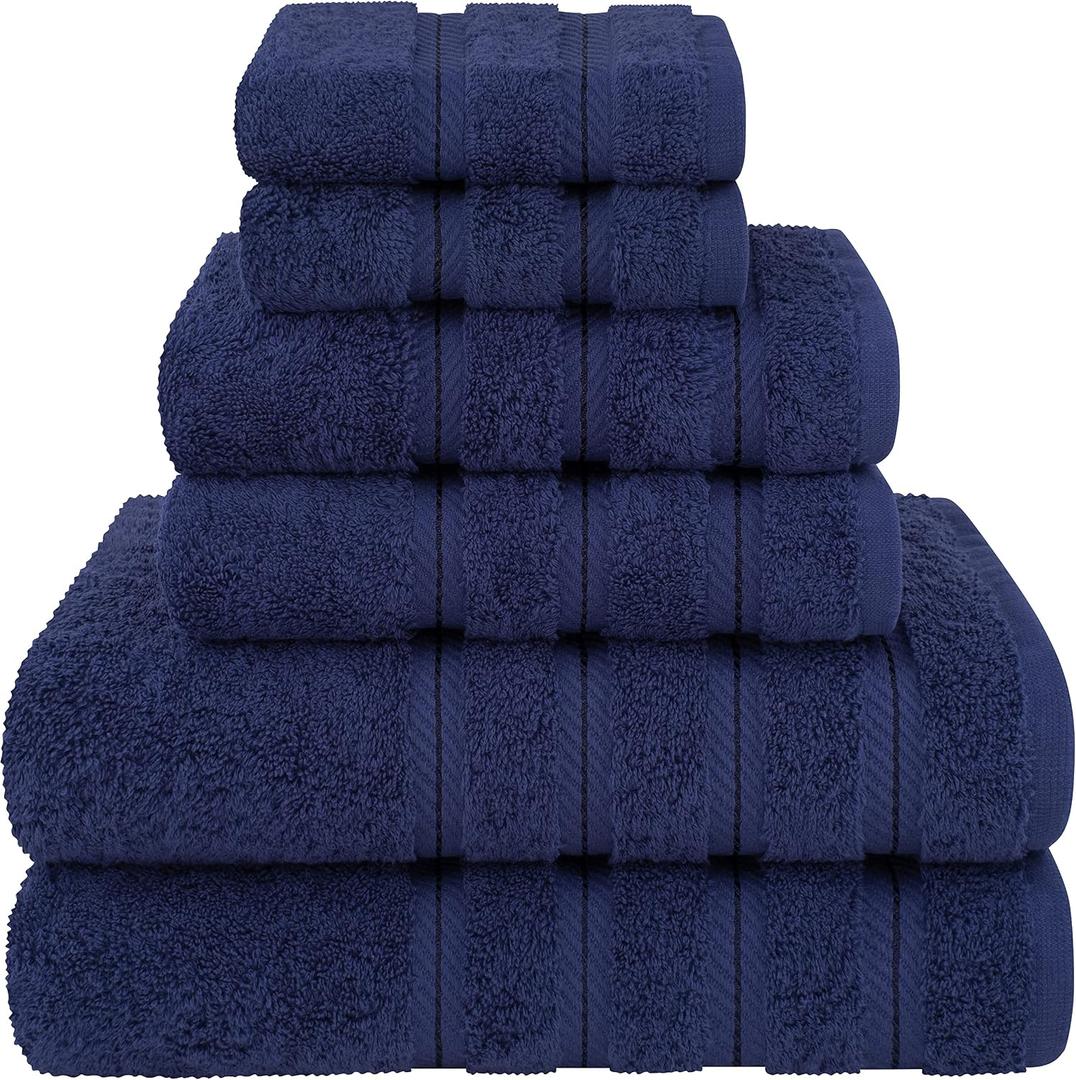American Soft Linen Luxury 6 Piece Towel Set, 2 Bath Towels 2 Hand Towel 2 Washcloths, 600 GSM 100% Cotton Turkish Towels for Bathroom, Navy Blue Towel Sets, 6 Pc Towel Set