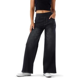 Women's High Rise Wide Leg Jeggings - Stretch Pull On Jeans-Style Pants, Soft Denim with Pockets (Large, Dark Gray)