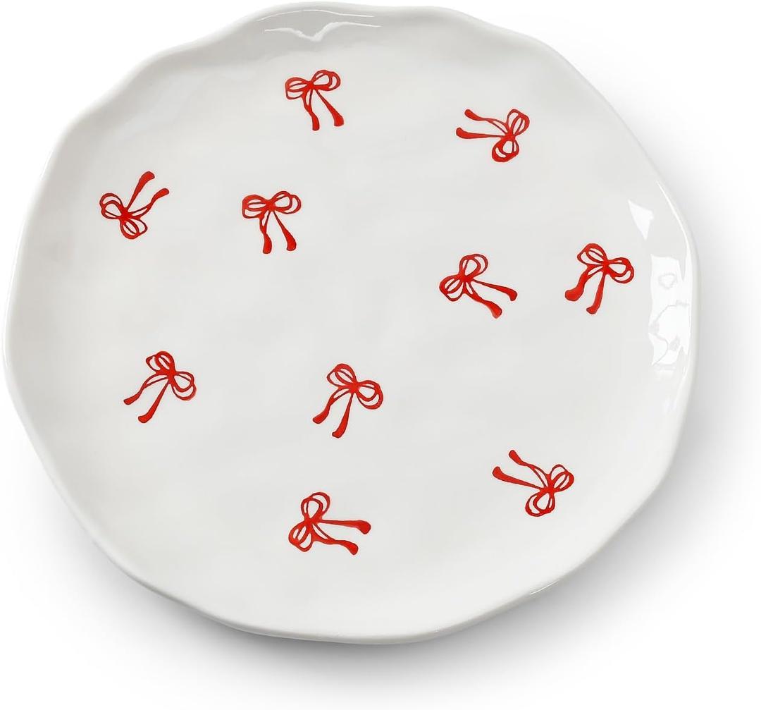 Koythin Floral Ceramic Dinner Plates, 8" Microwave Safe Dishes for Pasta, Modern Rustic Appetizer Plate for Salad Fruits Dessert Cake (Double Line Bow)