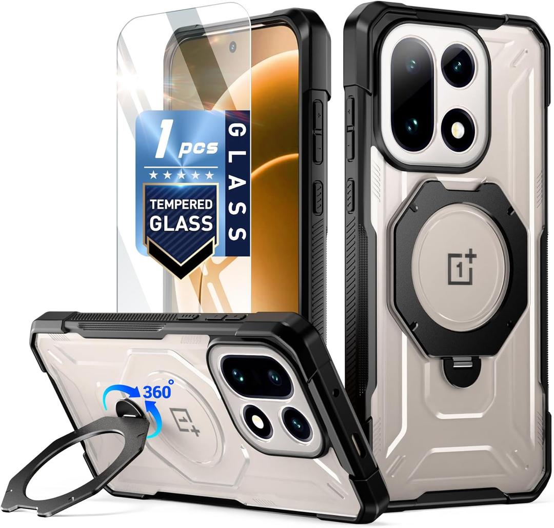 Poetic for OnePlus 15 Case, | Compatible with MagSafe | 360° Rotate Magnetic Ring Kickstand | Military Grade Drop Proof Protection Cover | Tempered Glass Screen Protector | Black/Clear