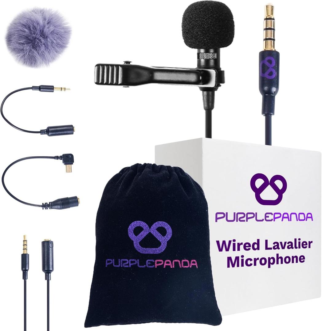 Purple Panda Wired Lavalier Microphone Omnidirectional  Attachable Lapel Mic Compatible with GoPro, DJI, Insta360, Tablet, iPad, DSLR, Camera, Ideal for Social Media Content Creators