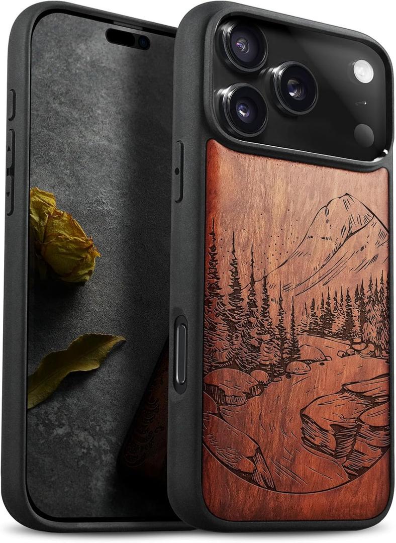 Carveit Magnetic Wooden Case for iPhone 17 Pro Case, Wood Artisan Engraved & Black Soft TPU Shockproof Cover, Compatible with MagSafe Wireless Chargers (The Lake and Mountain Landscape) Rosy
