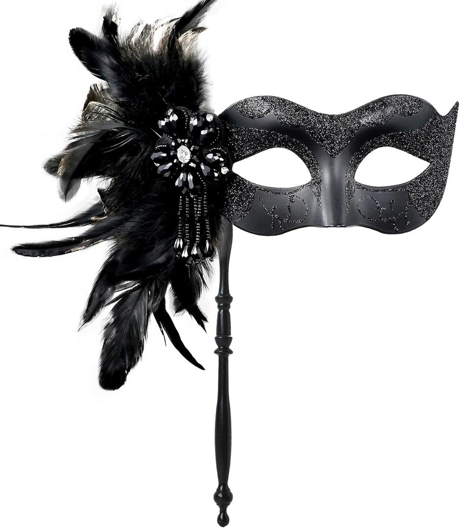 2025 New Masquerade Mask for Women with Stick - Shiny Women's Feather Mardi Gras Venetian Mask for Costume Accessory (Black)