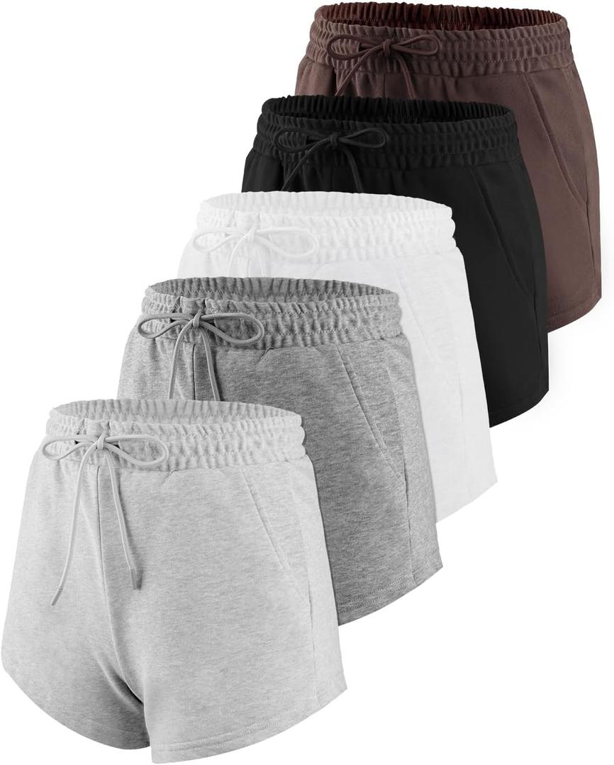 Liloak 4/5 Pack Sweat Shorts for Women with Pockets, Drawstring Cotton Workout Shorts Lounge Casual for Summer Running Shorts (M)