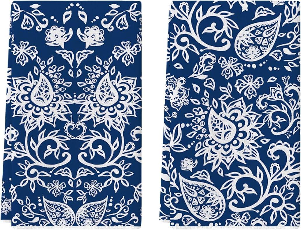 Artoid Mode Blue Floral Paisley Kitchen Towels Dish Towels, 18x26 Inch Seasonal Spring Decoration Hand Towels Set of 2, Small