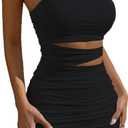 Summer Bodycon Slip Dress: Womens Sexy Hollow Out Strap Spaghetti Outfits - Short Party Dress for Club Wear 22521 (Large, Black)