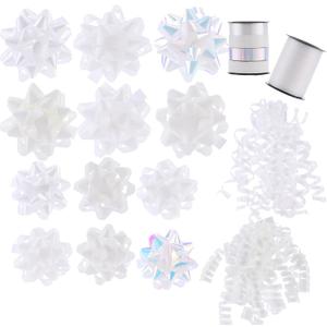 DYSHIPEN 16 Pcs Gift Bows, Bows for Gift Wrapping and Presents, 2 Crimped Curling Ribbons,2 Curly Bows, Christmas Bows, for Parties, Birthdays, Weddings. (White, 4.5in+3.5in)