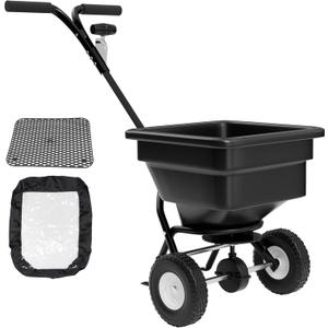 PPOLB Broadcast Spreader for Lawns, 100LB Fertilizer Spreader with 30-Level Flow Control, Walk Behind Lawn Seed & Salt Spreader, 0–10FT Coverage, Hopper Screen, Rain Cover, 12" Pneumatic Wheels