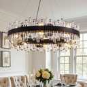 Modern Crystal Chandelier for Dining Room,16-Light Black Round Chandelier, 31.5-inch K9 Crystal Raindrop Ceiling Light, Luxury Flush Mount Light Fixture for Kitchen Living Room