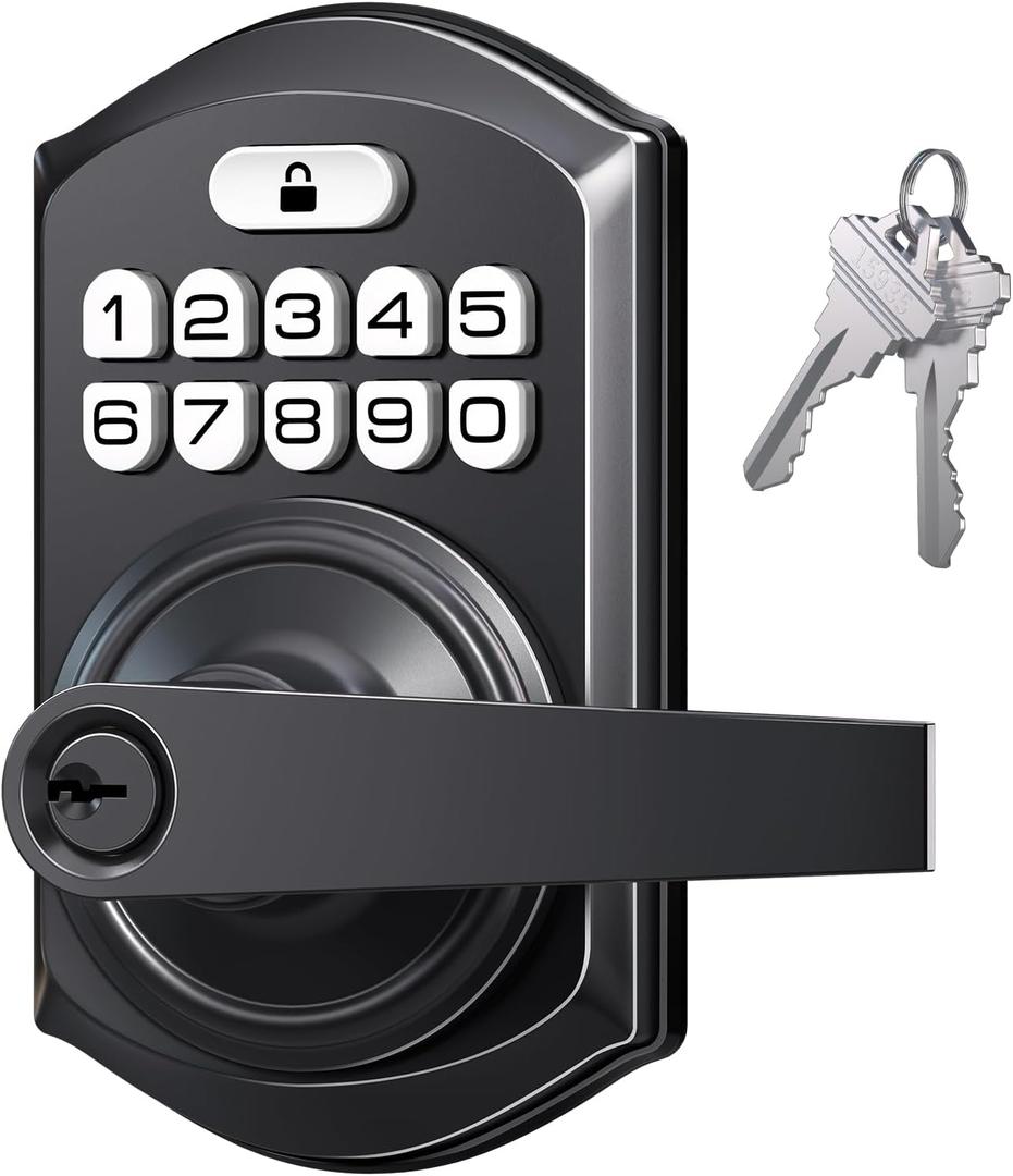 TEEHO TE004 Keyless Entry Keypad Door Lock with Handle - Front Digital Door Electronic Deadbolt with Anti-Peeping, Auto Lock & Passage Mode - Easy Installation - Matte Black