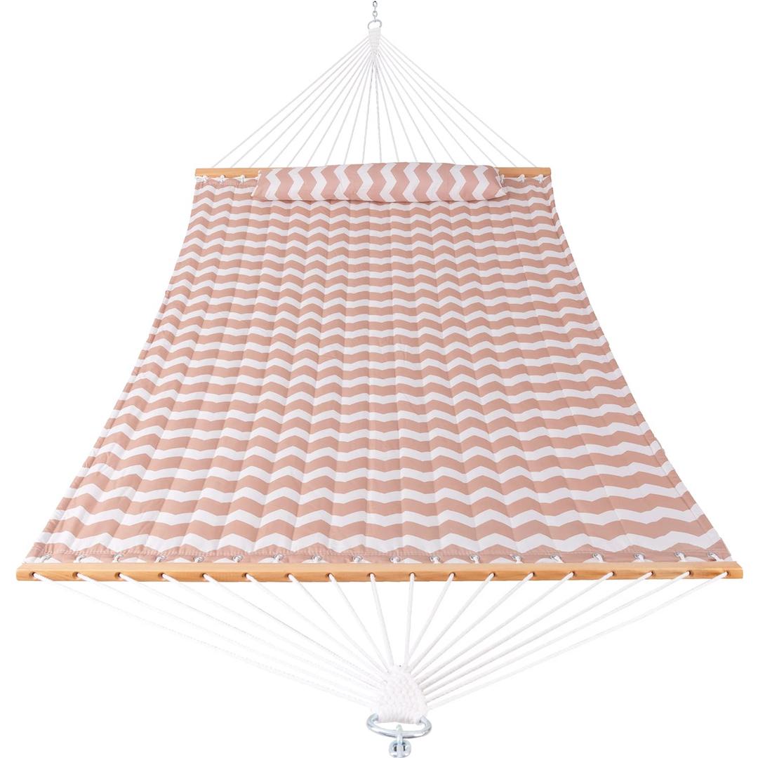 Quilted Fabric Hammock with Spreader Bar, 2 Person Double Hammock with Pillow and Chains, Hammock for Outdoor Outside Patio Poolside Backyard Beach 450 lbs Capacity,Beige Wave
