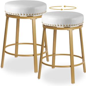 White & Gold Bar Stools Set of 2 Counter Height 24 Inches Swivel Bar Stools for Kitchen Counter Island Backless Modern Gold Barstools Upholstered Faux Leather Round Counter Stools, Off White+Gold