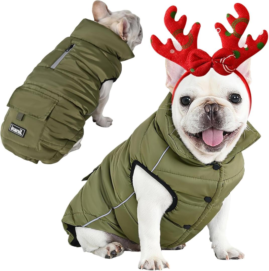 Dog Winter Puffer Jacket Waterproof, Reflective Furry Fleece Lined Dog Coats for Small Medium Dogs, Warm Snow Coat, Insulated Cold Weather Dogs Vest Jackets with Leash Hole, Olive (L: 1520 lbs)