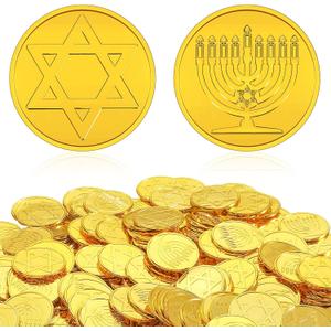 Yinkin 180 Pcs Hanukkah Gelt Coins for Hanukkah Activity Party Coins Treasure Hunt Coins for Game and Party Favors, 2 Styles(Gold)