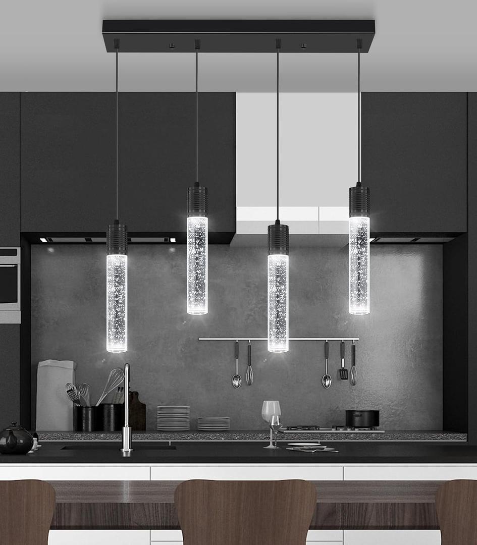 4-Lights Mini Modern Crystal Chandeliers for Kitchen Island Pendants Lighting Fixture LED Ceiling Light for Dining Room Bedroom Foyer 6000K (Black)