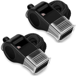 Whistle, 2 Packs Sports Whistles with Lanyard & Mouth Grip, Loud Crisp Sound, Black Plastic Whistles Ideal for Coaches, Referees, and Officials