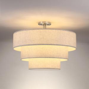 3 Tier 7 Light 24" Cream Linen Drum Fabric Brushed Nickel Semi Flush Mount Light Farmhouse Fixture