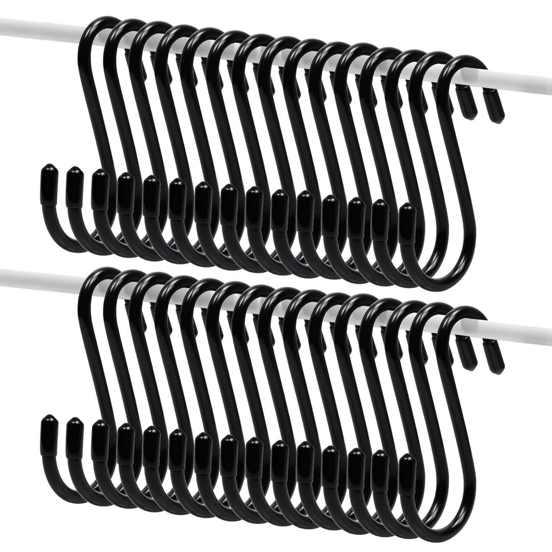 30-Pack 4 Inch Black S Hooks, Vinyl Coated Heavy Duty Hanging Hooks for Closet,Kitchen,Bathroom & Garage Organization,Versatile Indoor/Outdoor Solution