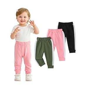 Aura Vane Baby Girl Pants Newborn Baby Sweatpants 3 Piece Casual Jogger Pants Solid Color Black Pink Green Drawstring Elastic Sweatpants 6-12 Months