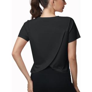 Womens Open Back Workout Tops Athletic Pilates Shirts Tees Gym Tops Running Activewear (Black, XL)