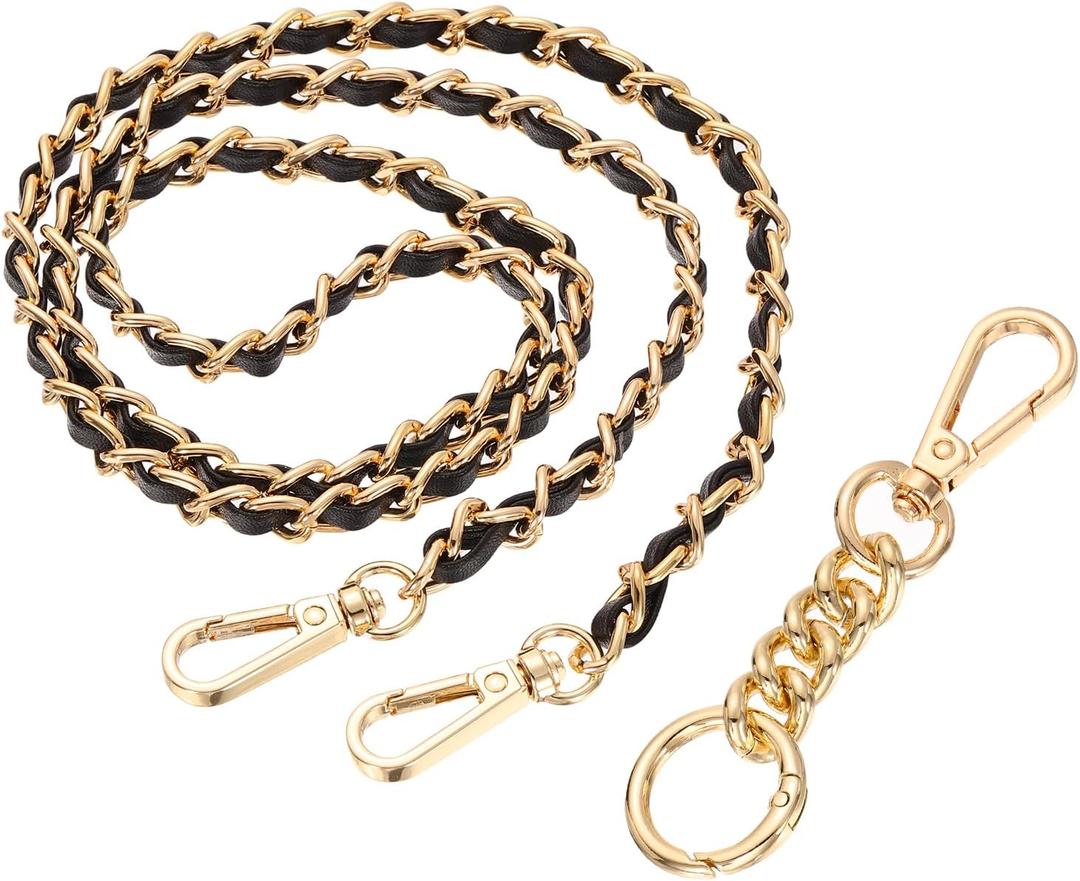 uxcell Purse Chain Strap, PU Leather Purse Straps Replacement Crossbody Flat Woven Handbag Strap (47.2", Light Gold/Black)