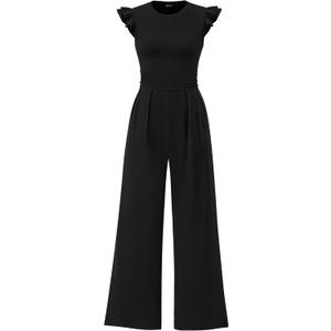 PRETTYGARDEN Summer Jumpsuits for Women Dressy 2026 Fashion Ruffle Cap Sleeve Romper Crew Neck Rib Knit One Piece Outfits (Small, Black)