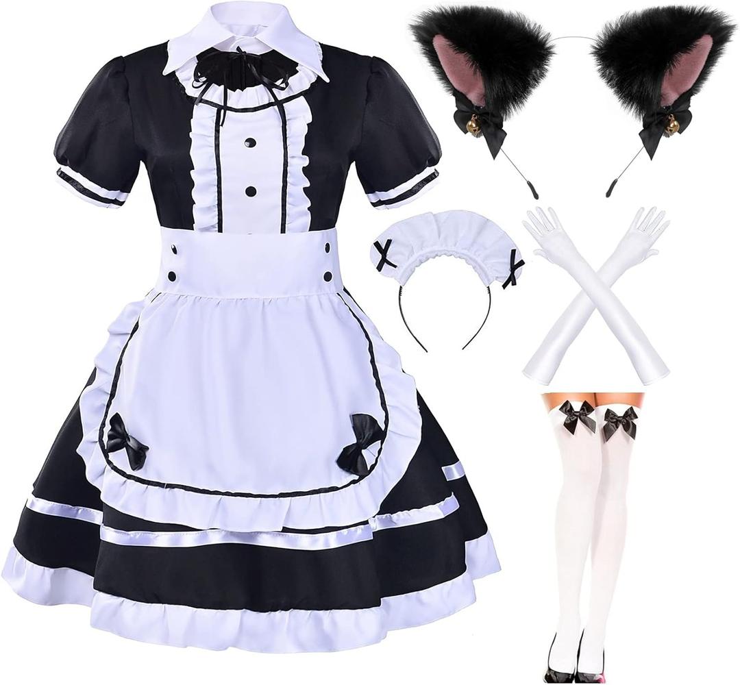 Japanese Anime Sissy Maid Dress Cosplay Sweet Classic Lolita Fancy Apron with Socks Gloves Set (4X-Large, Black With Furry Headwear)