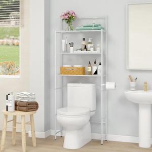 Over The Toilet Storage Rack, 3-Tier Metal Bathroom Organizer Shelf with Hooks & Paper Holder, Freestanding Above Toilet Storage for Small Spaces, Apartments, Laundry Room(White)