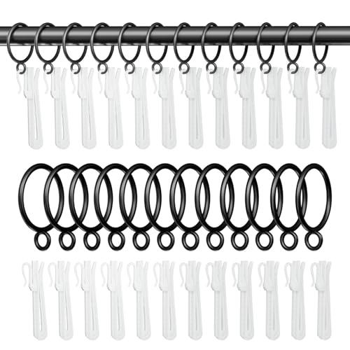 GASRONS 1.25 Inch Curtain Rings with Hooks, 24 Pack Black Metal Drapery Rings with Pins Fits Up to 1 Inch Curtain Rods