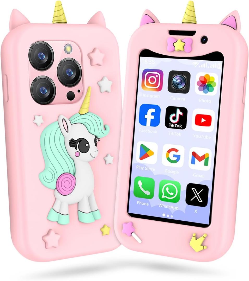 Kids Phone with Unicorn Silicone Case, Mini Smartphone with WiFi App Access/Video&Phone Call/Dual Camera/GPS/Face ID, Mini Phone for Kids Age 3 and Above, Birthday Gifts