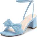 Women's Bow Knot Low Block Chunky Heeled Sandals Square Open Toe Ankle Buckle Strap Bride Wedding Party Shoes, 7