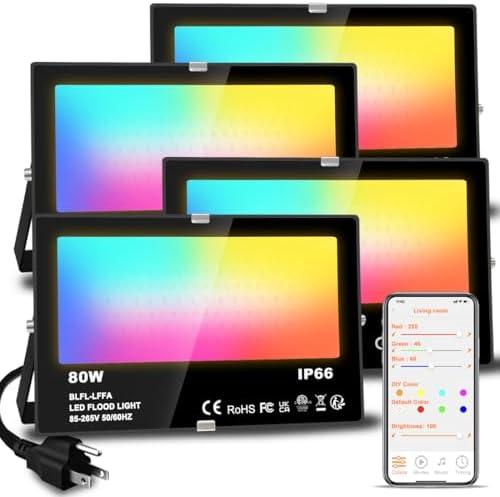 LED Flood Light Outdoor 800W Equivalent 8000LM RGB Landscape Light Controlled by BRmesh APP , No Remote, DIY Scenes - Timing - 5700K Daylight White - Color Changing Uplight, IP66 US Plug MELPO(4 Pack)