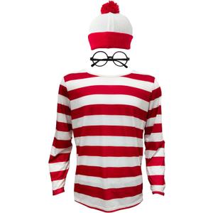 Waldo Red and White Striped Shirt Adult Men Women's Halloween Cosplay Costumes Funny Sweatshirt Outfit Glasses Suits (Large)