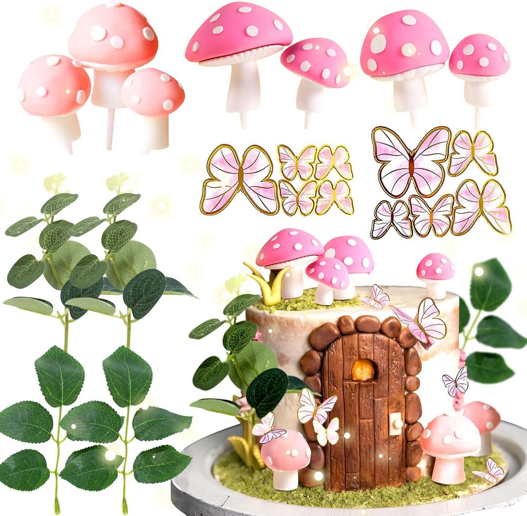 JeVenis Fairy Cake Toppers Fairy Cake Decoration Pink Mushroom Door Butterfly Flowers Cake Decoration Fairy Garden Topper for Fairy Party Supplies Fairy Party Favors