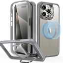 ESR for iPhone 15 Pro Max Case with Stand, Compatible with MagSafe, Full-Body Military-Grade Drop Proof Case with Built-in 9H+ Tempered Glass Screen Protector, Armor Series, Clear Grey
