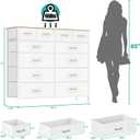 VASICAR White Dresser for Bedroom with 12 Deep Drawers, Wide Chest of Drawers, 55" TV Stand with Retro Wood Top, Tall Fabric Dresser for Closet, Nursery