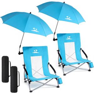 Folding Beach Chair for Adults with UPF 50+ Umbrella, Lightweight Low Beach Chair with Mesh Back,300lbs Capacity Portable Camping Chair with Carry Bag for Outdoor Lawn Camping Concerts (2 Pack), 2 Pcs