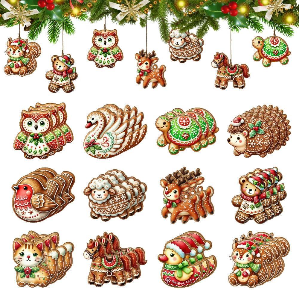 36PCS Wooden Gingerbread Animal Christmas Ornaments - 12 Unique Cookie-Inspired Designs for Tree & Holiday Decor
