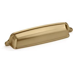 Khtumeware 10 Pack 3-3/4 inch (96mm) Brushed Brass Cabinet Hardware - Gold Cup Drawer Pulls for Kitchen Cabinets (Cup Pulls 3-3/4 inch Hole Center)
