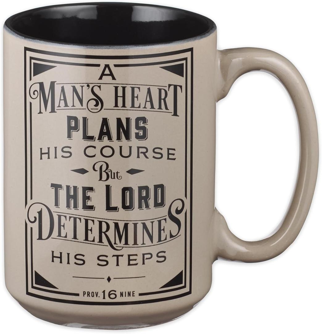 Christian Art Gifts Large Ceramic Coffee & Tea Mug for Men, Dads & Pastors: Man's Heart Plans Inspirational Bible Verse Microwave/Dishwasher Safe Drinkware, Lead/Cadmium-free, Caf Brown/Black, 14 oz.