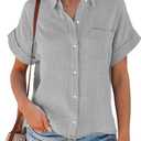Womens Short Sleeve Cotton Button Down Up Shirt Collared V Neck Tops Shirts Blouses Dress for Women Western Wear (X-Large, Grey)