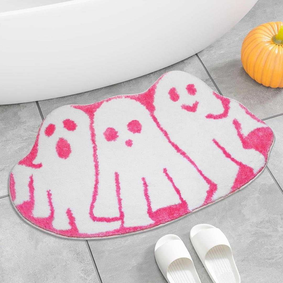 Pink Halloween Bath Mat, Ghost Bathroom Rug Non-Slip Floor Bathmat for Shower Tub, Soft Absorbent Plush Rug for Kitchen Bedroom, Halloween Gothic Home Decoration (Pink)