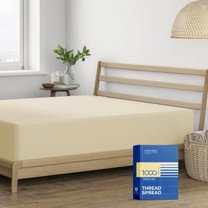 Thread Spread 100% Egyptian Cotton Fitted Sheet Queen Size - 1000-Thread-Count Queen Fitted Sheet Only, Soft, Cooling, Sateen Weave Hotel Quality Bottom, Fits Upto 18" Deep Pocket Mattress - Sand