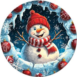 PEACHGARDEN Christmas Decor Snowman Wreath Sign Round Tin Sign Front Door Wreath Sign Snowflakes Wall Decor for Home Porch Living Room Bedroom 8x8 inch (20X20cm(8*8in))